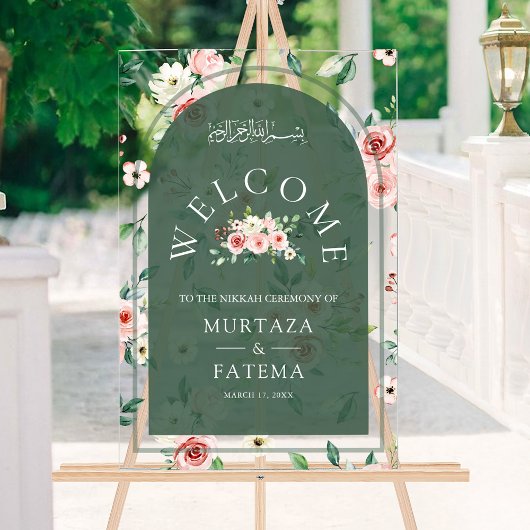 Pink Floral Green Arch Muslim Wedding Welcome