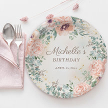 Pink Floral Green Foliage Gold Glitter Birthday