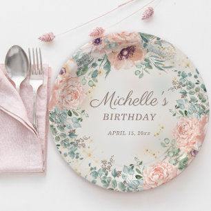 Pink Floral Green Foliage Gold Glitter Birthday Papieren Bordje