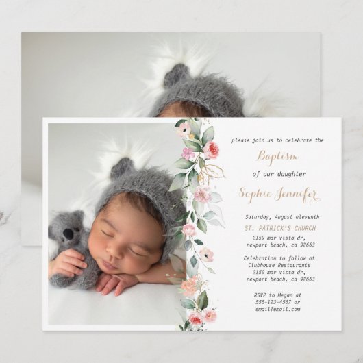 Pink Floral Greenerm Baptism Girl Invitation (Devant / Derrière)