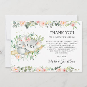 Pink Floral Greenery Cute Koala Baby shower Girl Bedankkaart