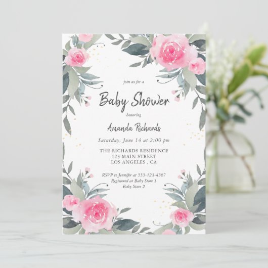 Pink Floral Greenery Girl Baby shower Invitation Kaart (Staand voorkant)