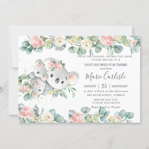 Pink Floral Greenery Koala Baby shower Twin Girls Kaart