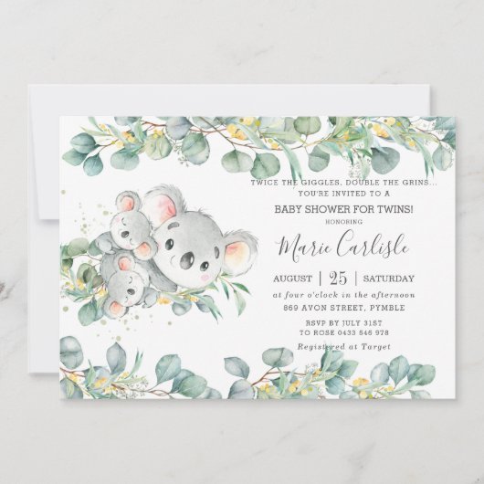 Pink Floral Greenery Koala Baby shower Twins Kaart (Voorkant)