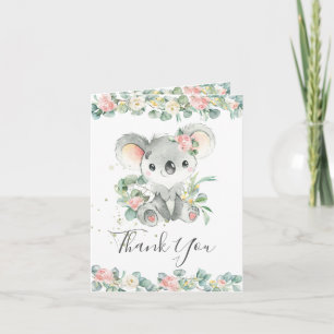 Pink Floral Greenery Koala Birthday Baby shower  Bedankkaart