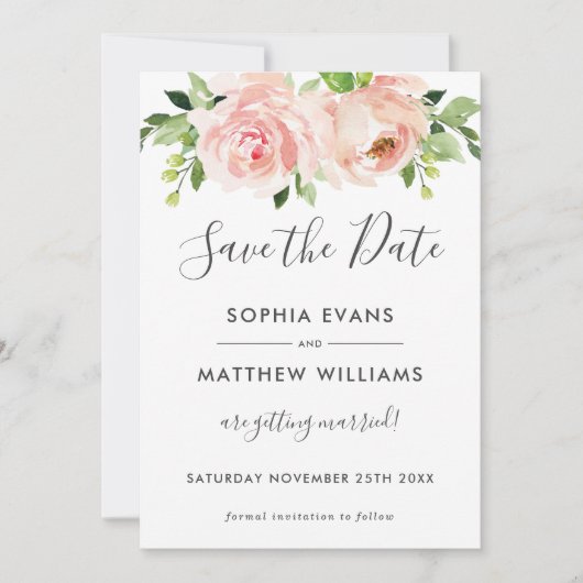 Pink Floral Greenery Wedding Save the Date Kaart (Voorkant)