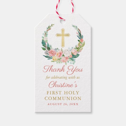 Pink Floral Greenery Wreath First Heilige Communie Cadeaulabel (Voorkant)