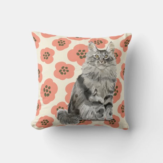 Pink Floral Grey Maine Coon Cat Kussen (Voorkant)
