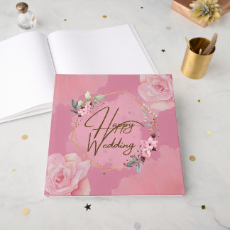 Pink Floral Happy Wedding Gastboek Gastenboek