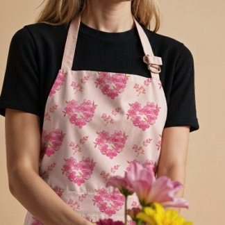 Pink Floral Hearts Pattern All-Over Print Apron Schort