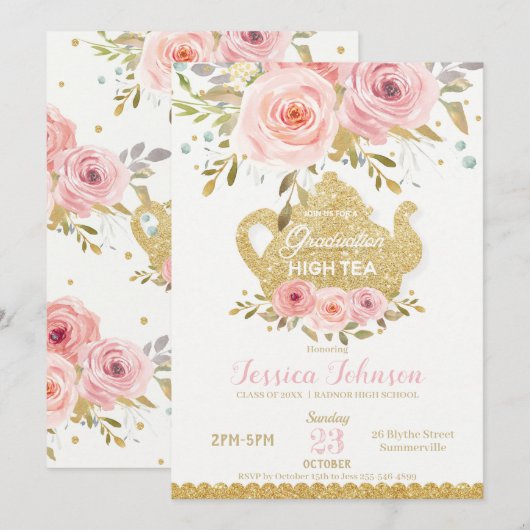 Pink Floral High Tea Graduation Party Invitation (Devant / Derrière)