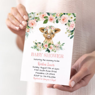 Pink Floral Highland Koe Baby shower Invite Kaart