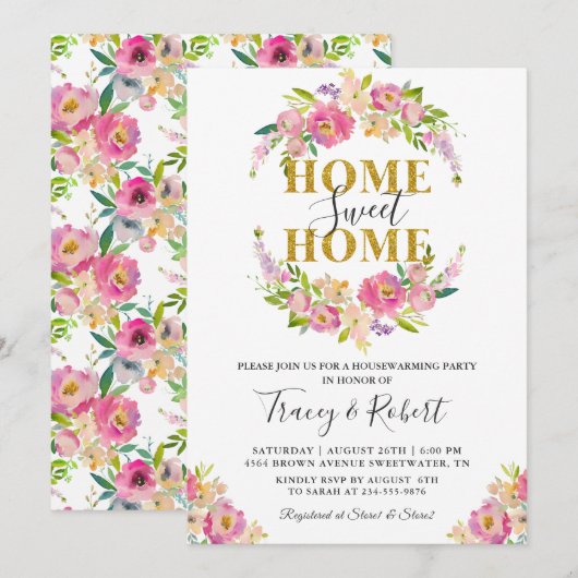 Pink Floral Home Sweet Home Ménage Invitation (Devant / Derrière)