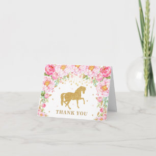 Pink Floral Horse Gold Glitter Birthday Girl Baby Bedankkaart