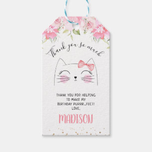 Pink Floral Kitten Face Birthday Dank je Cadeaulabel