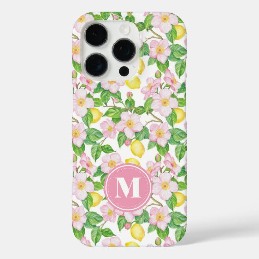 Pink Floral Lemon Pattern Monogram Case-Mate iPhone Case (Achterkant)
