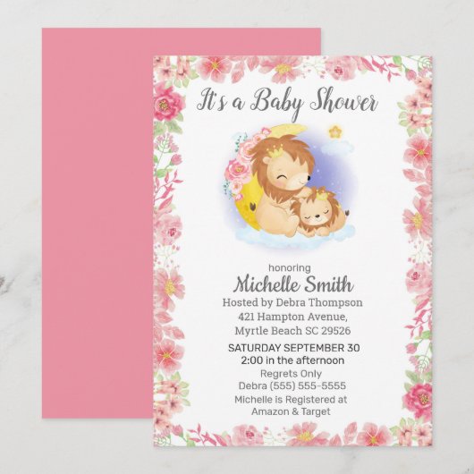 Pink Floral Lion Maman Baby shower Invitation (Devant / Derrière)