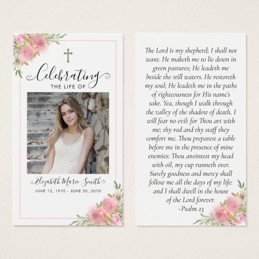 Pink Floral Memorial Service Funeral Prayer Kaart (Voorkant /achterkant)