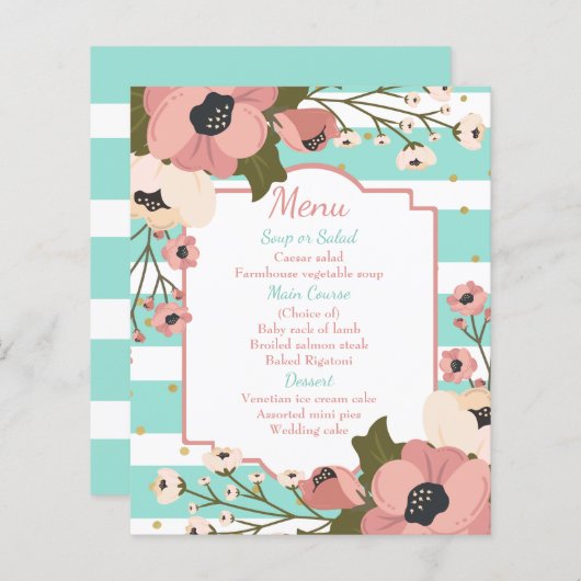 Pink Floral Menu Mint Blue Stripes Mariage (Devant / Derrière)