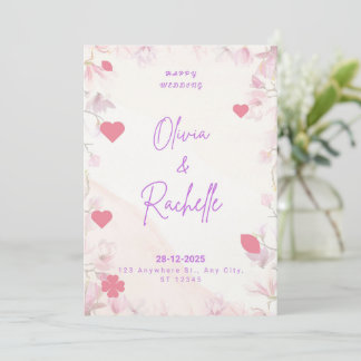 Pink Floral Minimalist Happy Wedding Invitation Ca Kaart