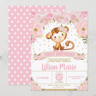 Pink Floral Monkey 1st Birthday Invitation Girl Kaart
