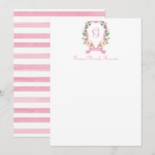 Pink Floral Monogrammed Crest Bedankt! Bedankkaart (Voorkant / Achterkant)