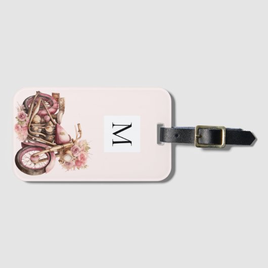 Pink Floral Motorcycle Monogram Bagagelabel (Voorkant (horizontaal))