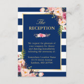 Pink Floral Navy Blue Stripes Wedding Reception Informatiekaartje (Voorkant)