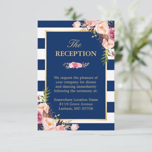 Pink Floral Navy Blue Stripes Wedding Reception Informatiekaartje (Staand voorkant)