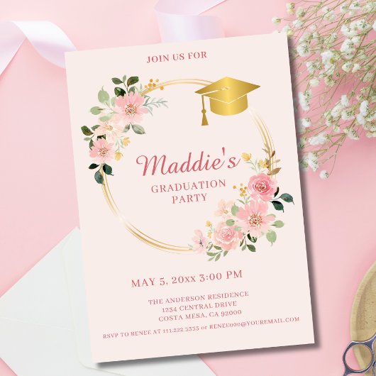 Pink Floral non photo Graduation Party Invitation