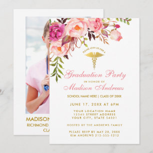 Pink Floral Nurse Afstudeerder Party Invite - Acht Kaart
