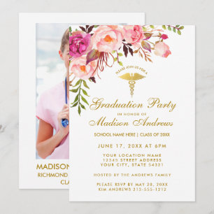 Pink Floral Nurse Afstudeerder Party - Uitnodiging