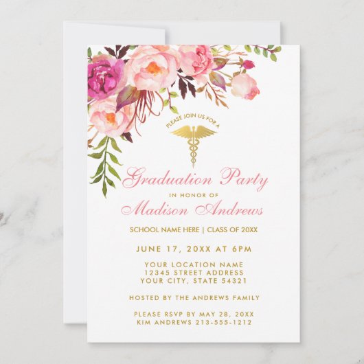 Pink Floral Nurse Graduation Party Invitation P (Devant)
