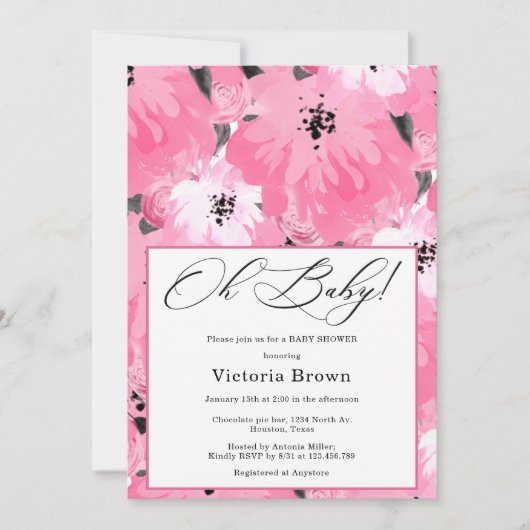 Pink Floral Oh Baby Shower Invitation (Devant)