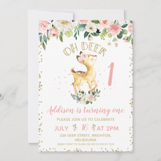 Pink Floral Oh Deer Anniversaire Fête Invitation (Devant)