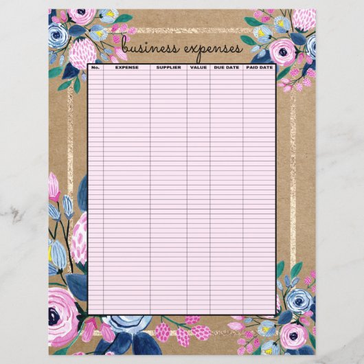 Pink Floral Or Kraft Papier papier Dépenses d'entr (Devant)