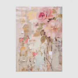 Pink Floral Painting on Torn Paper Collage Tissuepapier