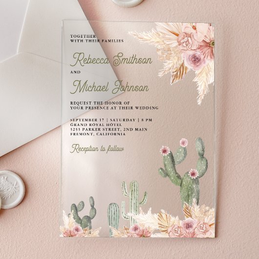 Pink Floral Pampas Cactus Wedding Acryl Uitnodigingen