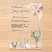 Pink Floral Pampas Cactus Wedding Acryl Uitnodigingen (Voorkant)