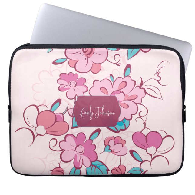 Pink Floral Pattern Name Label Design Custom Name Laptop Sleeve (Voorkant)
