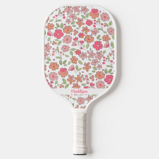 Pink Floral Pattern Personalized Name Cute Pickleball Paddle (Voorkant)