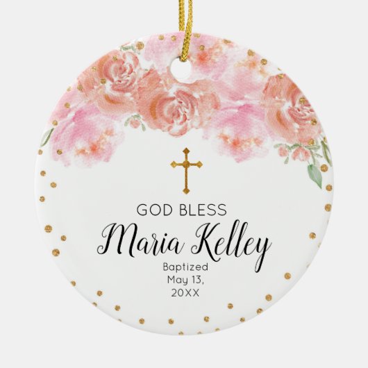 Pink Floral Personalized Girl Baptism Ornament (Voorkant)