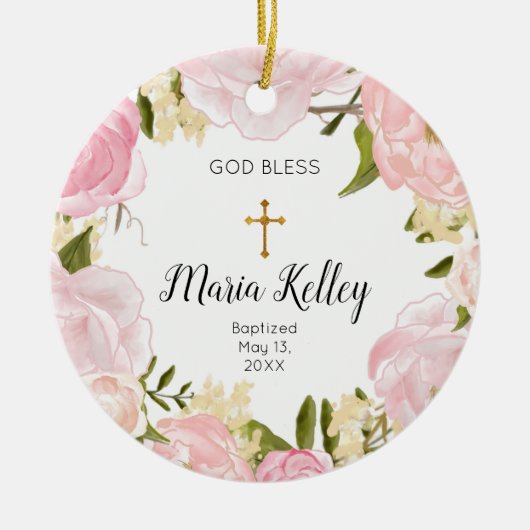 Pink Floral Personalized Girl Baptism Ornament (Voorkant)