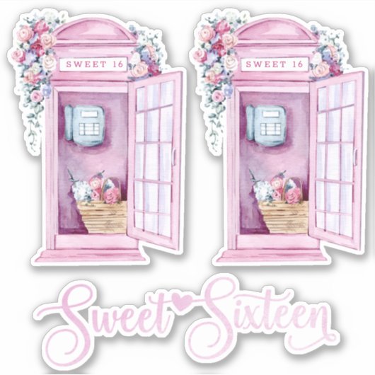 Pink Floral Phone Booth | Zoet 16 Sticker (Voorkant)