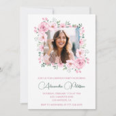 Pink Floral Photo 42e anniversaire invitations (Devant)