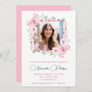 Pink Floral Photo 42e anniversaire invitations