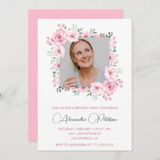 Pink Floral Photo 61e anniversaire invitations (Devant / Derrière)