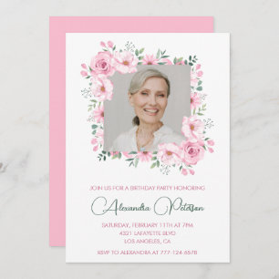 Pink Floral Photo 72e anniversaire invitations