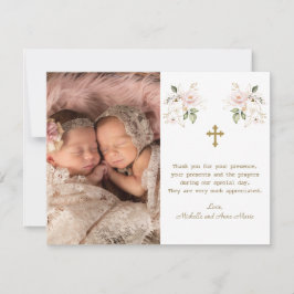 Pink Floral Photo Girls Twins Gold Cross Baptisme Bedankkaart