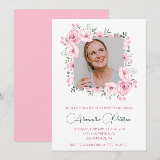 Pink Floral Photo invitations à 56e anniversaire (Devant / Derrière)